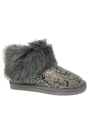 Frost Grey Leopard Print Faux Fur Winter Ankle Boots