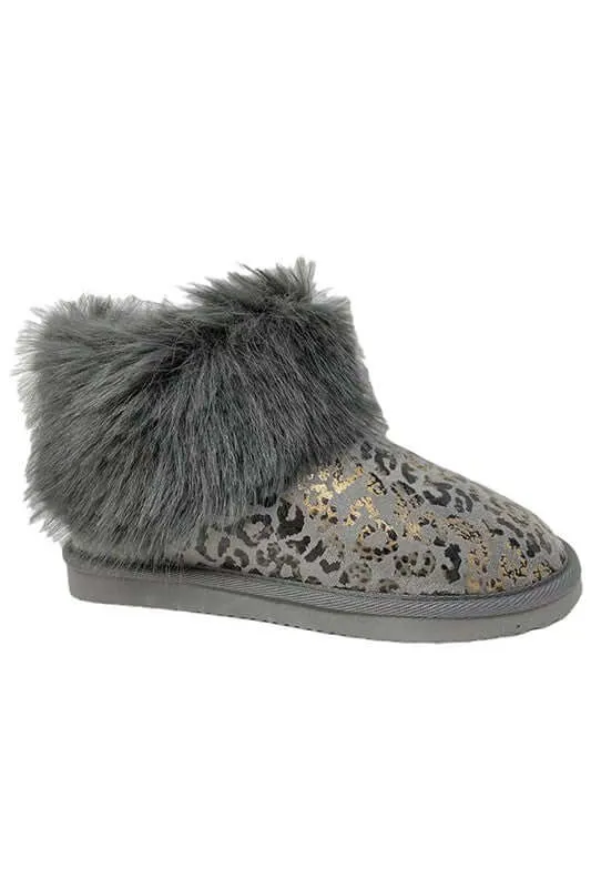 Frost Grey Leopard Print Faux Fur Winter Ankle Boots