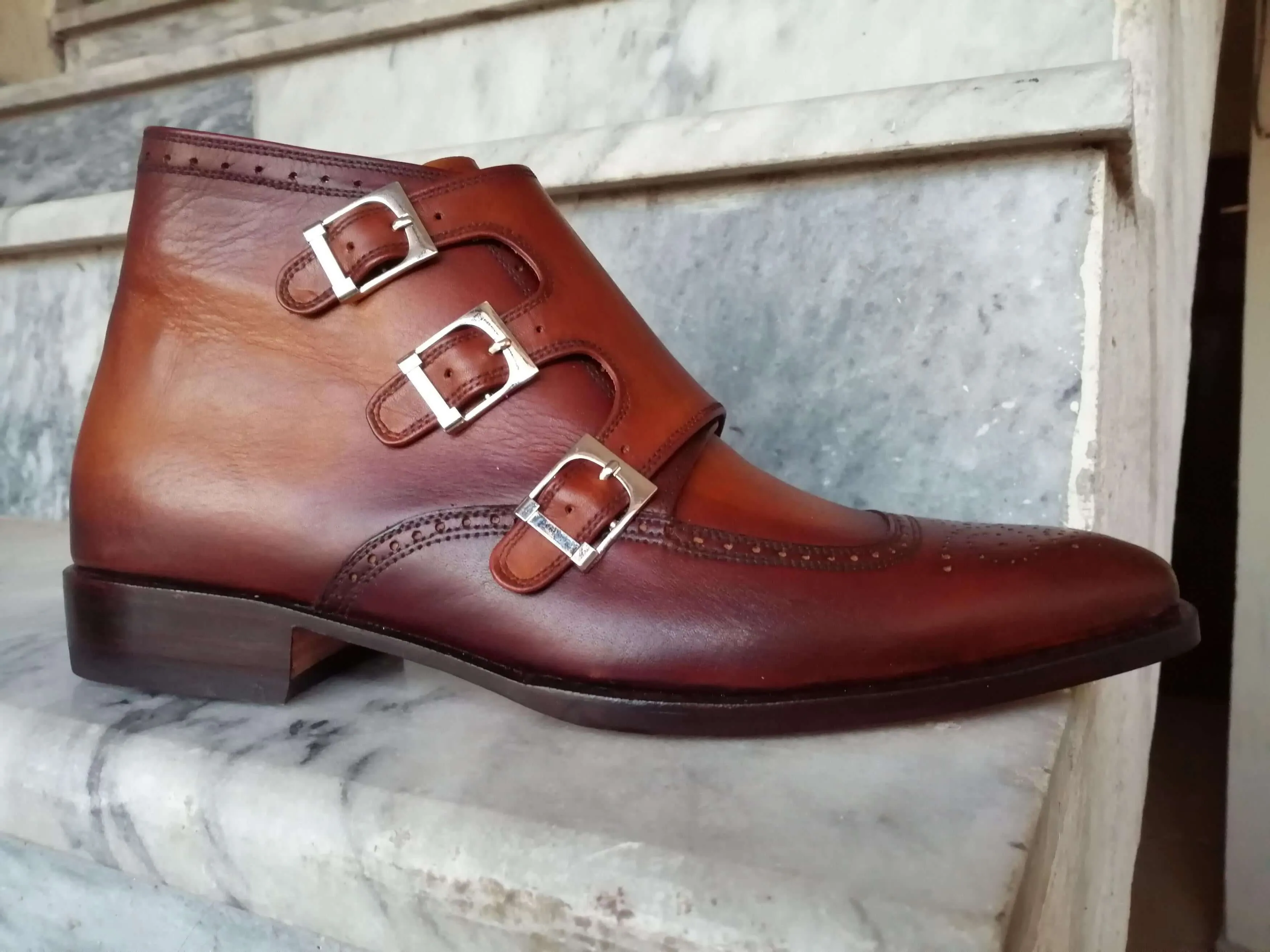 Handmade Men's Brown Leather Brogue Toe Triple Monk Strap Boots, Men Ankle Boots, Men Designer Fashion Boots