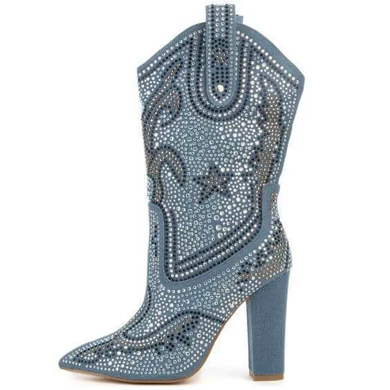 High Chunky Heel Rhinestone Pointed Toe Calf Boots