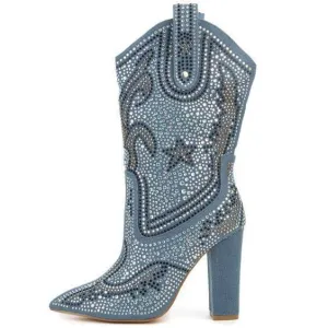High Chunky Heel Rhinestone Pointed Toe Calf Boots