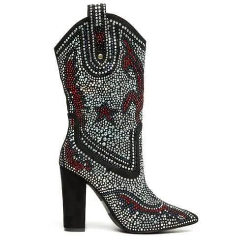 High Chunky Heel Rhinestone Pointed Toe Calf Boots