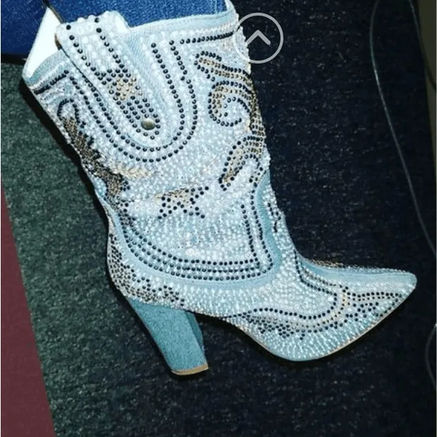 High Chunky Heel Rhinestone Pointed Toe Calf Boots