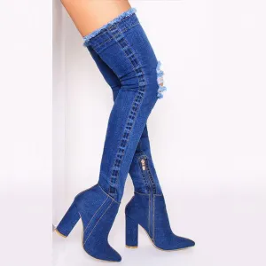 High Heel Denim Hole Peep Toe Over Knee Boots