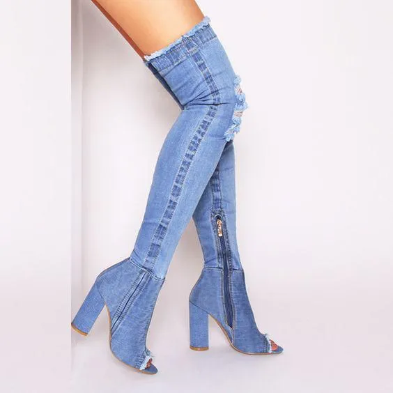 High Heel Denim Hole Peep Toe Over Knee Boots