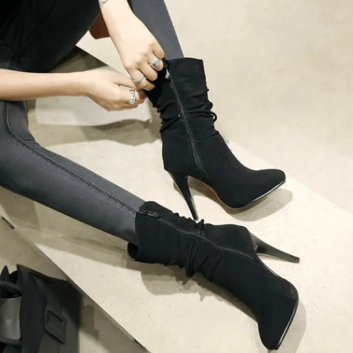 High Heel Pointed Toe Suede Calf Boots