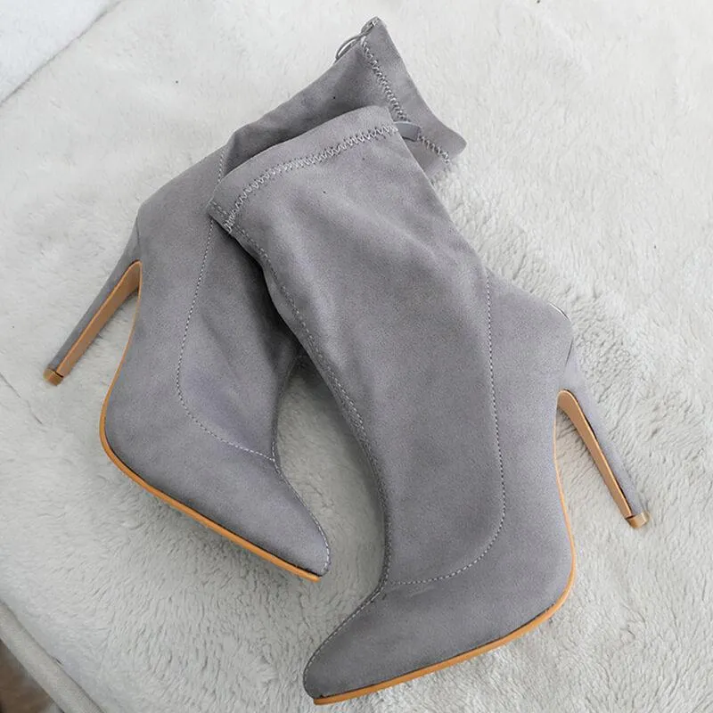 High Heel Suede Pointed Toe Calf Sock Boots