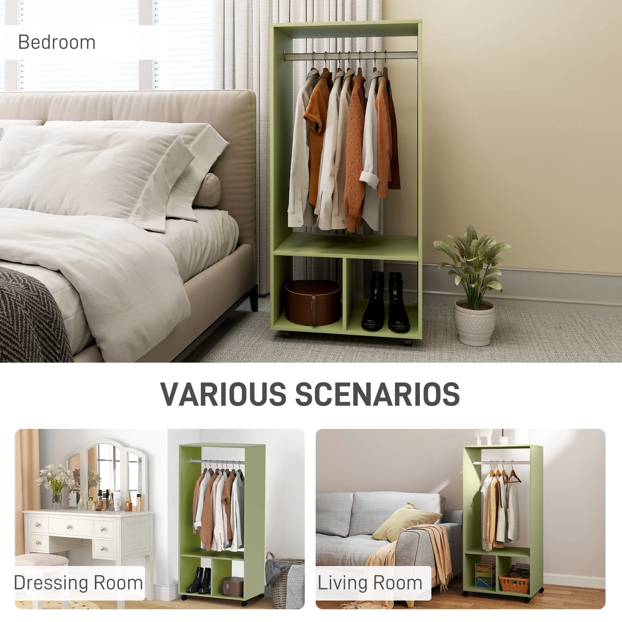 HOMCOM Open Wardrobe on Wheels, Bedroom Wardrobe with Clothes Hanging Rail, 2 Storage Shelves, Mobile Garment Rack for Cloakroom, Hallway, Green