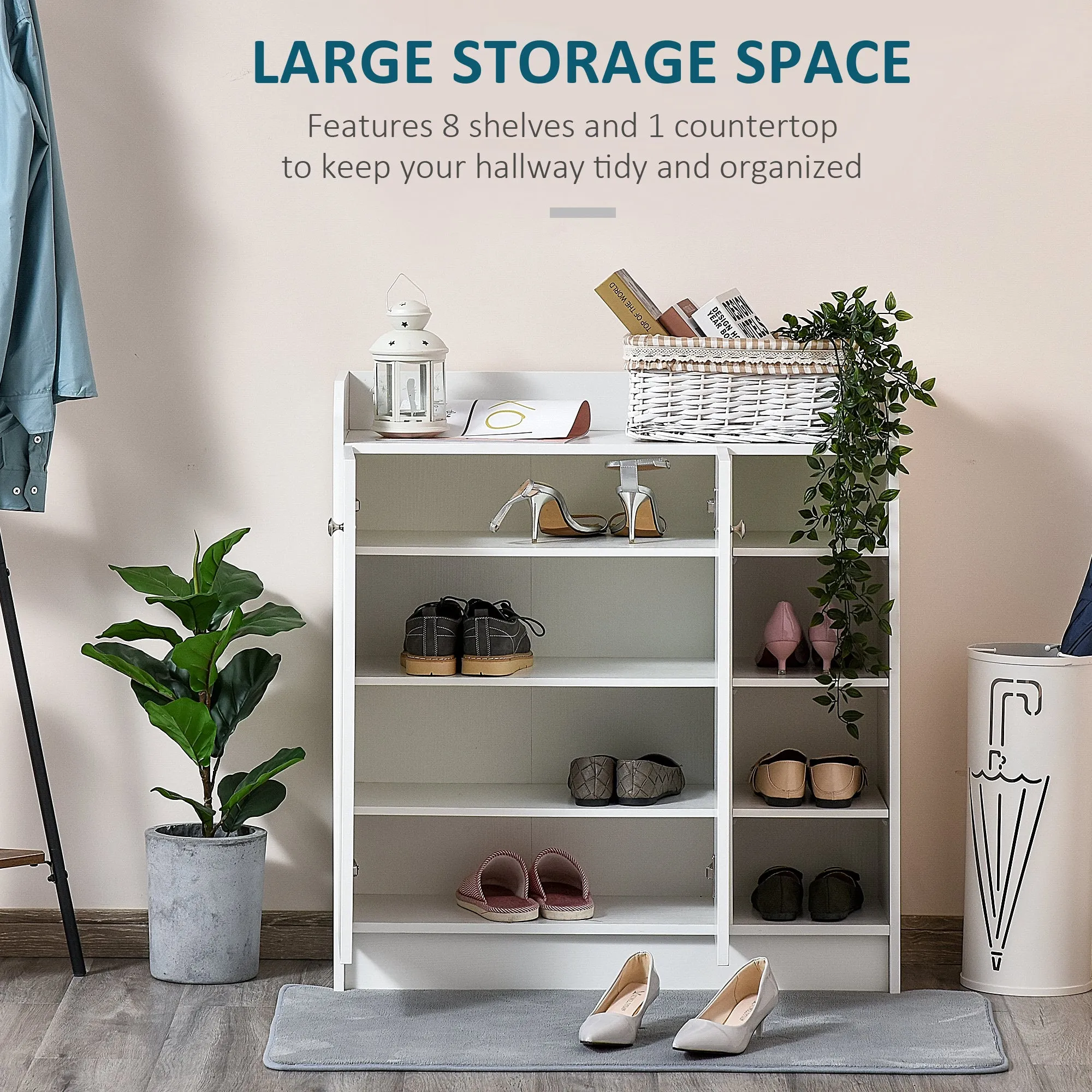 HOMCOM Shoe Storage Cabinet  Two Doors w/ Adjustable 4 Shelves Cupboard Footwear Rack Stand Organiser Hallway White