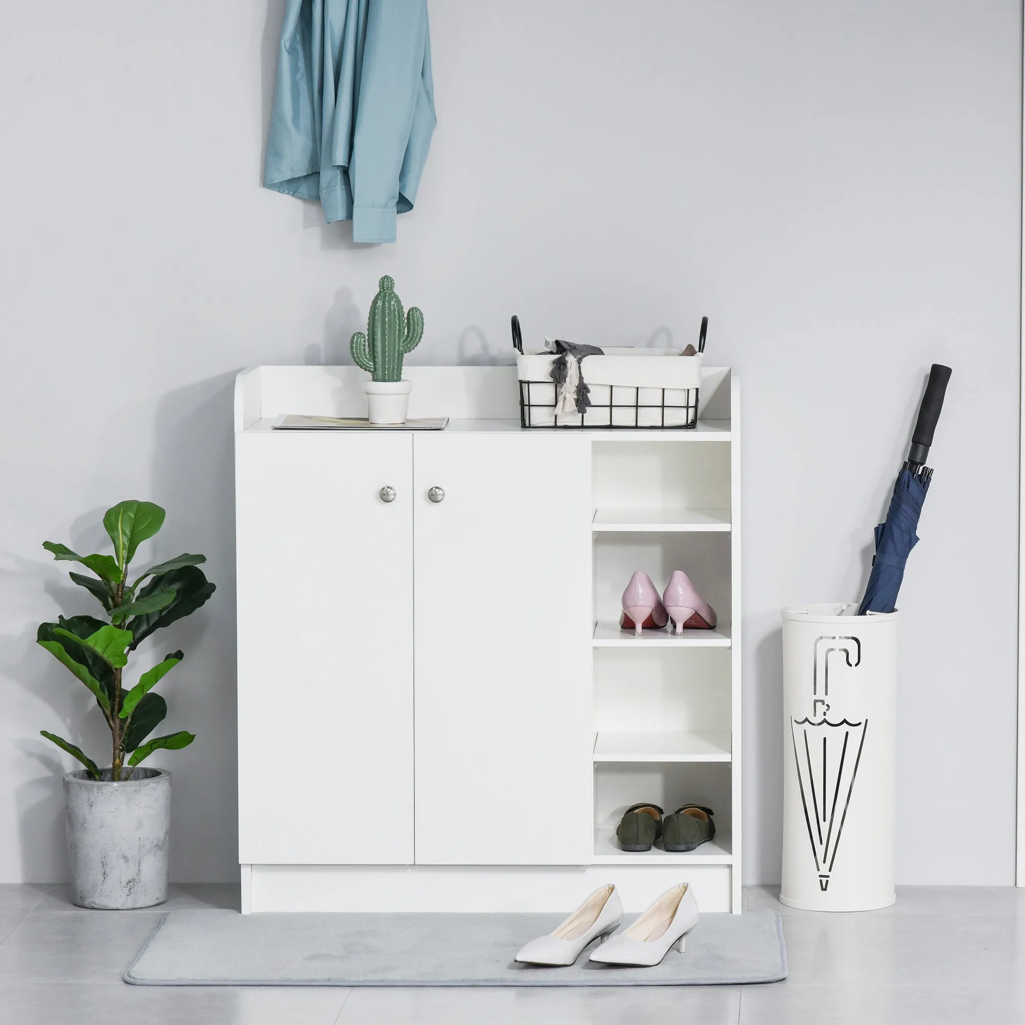 HOMCOM Shoe Storage Cabinet  Two Doors w/ Adjustable 4 Shelves Cupboard Footwear Rack Stand Organiser Hallway White