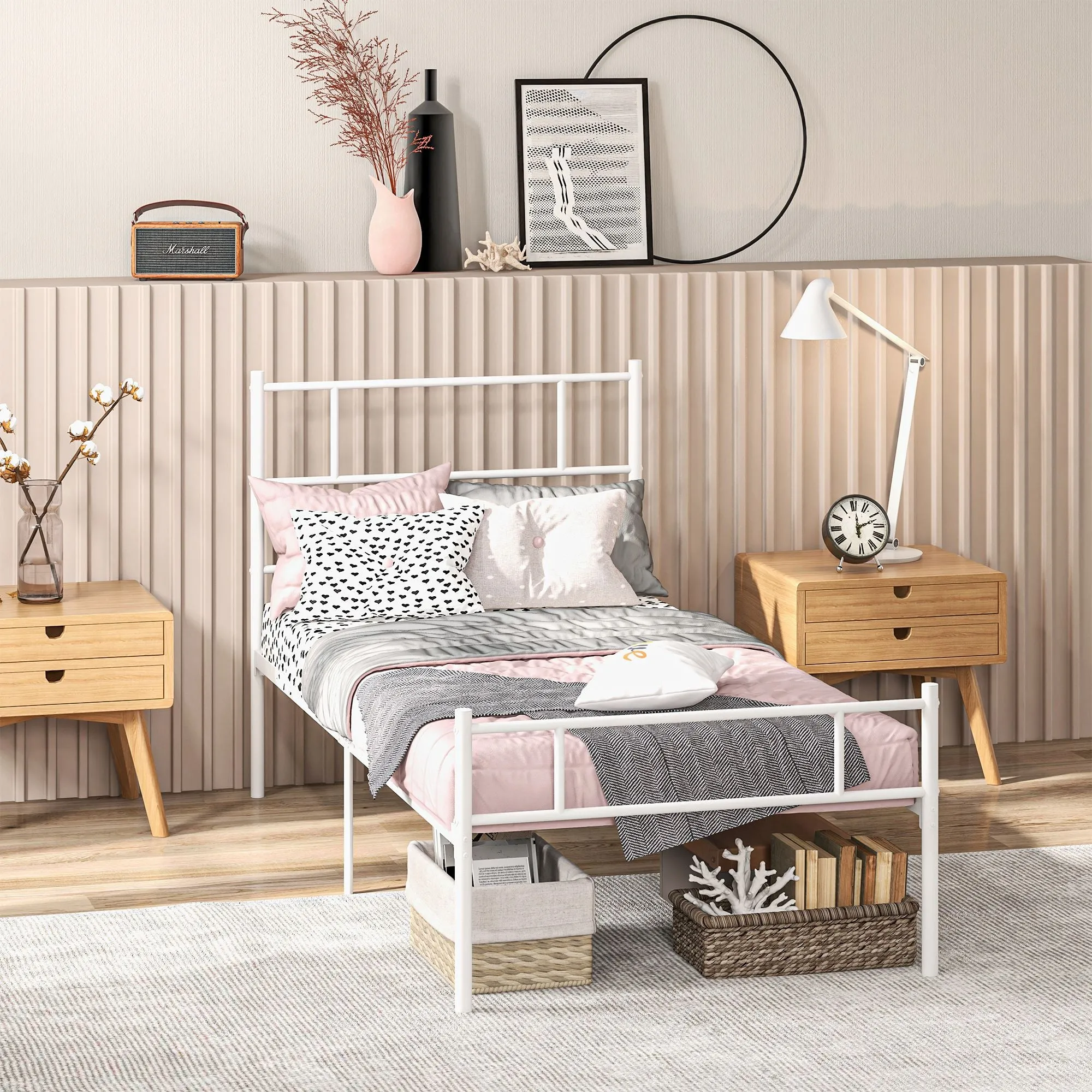 HOMCOM Single Bed Frame, Metal Bed Base with Headboard and Footboard, Metal Slat Support and 31cm Underbed Storage Space