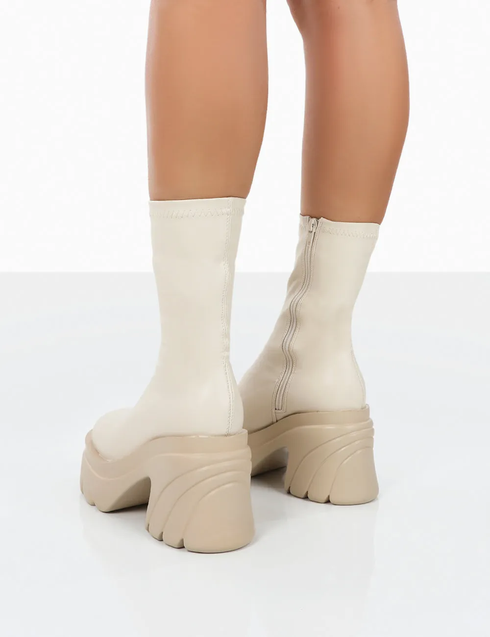 Jennie Ecru Pu Chunky Sole Heeled Ankle Boots