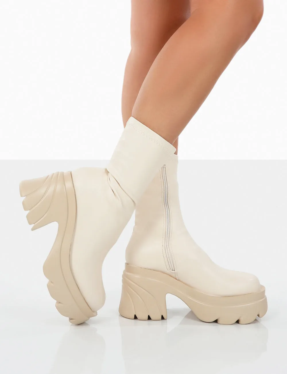 Jennie Ecru Pu Chunky Sole Heeled Ankle Boots
