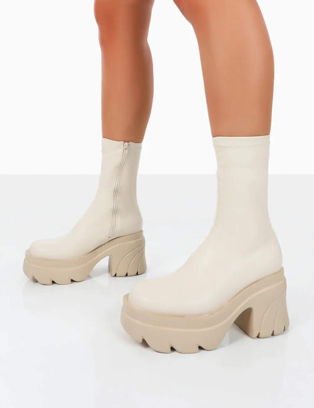 Jennie Ecru Pu Chunky Sole Heeled Ankle Boots