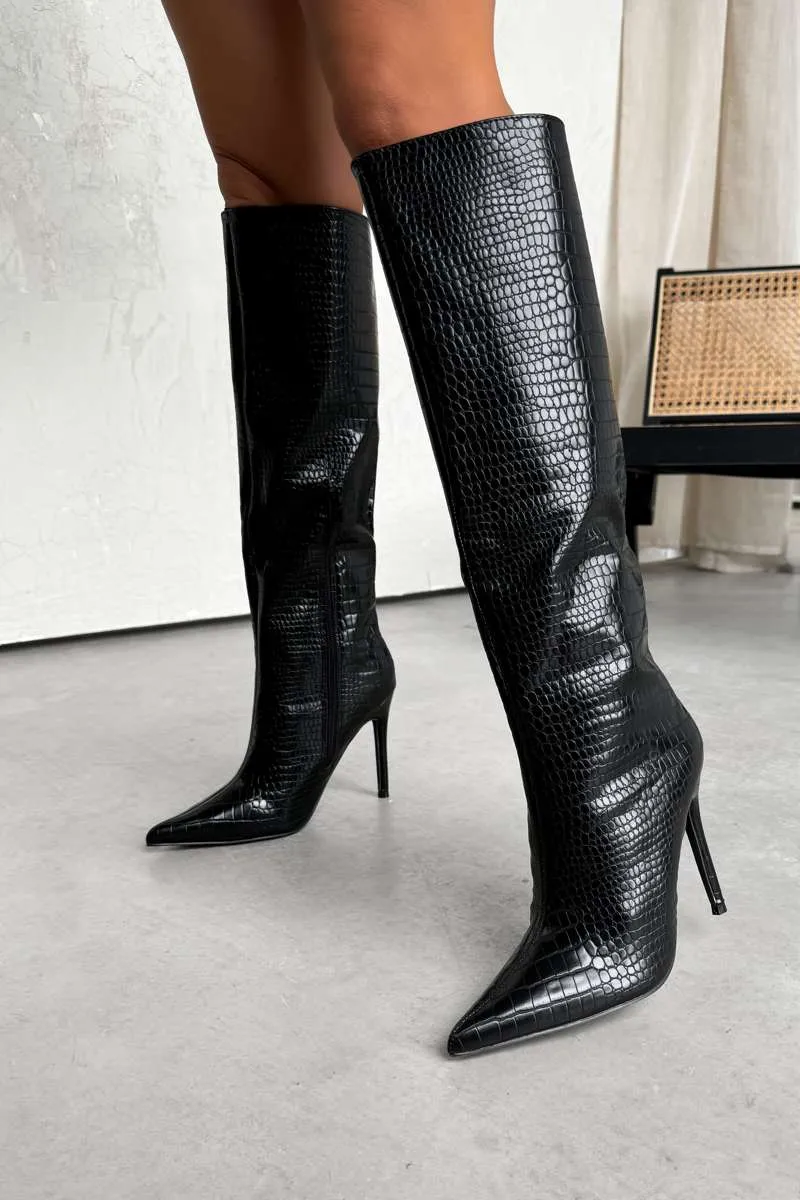 KIARA Stiletto Knee High Boots - Black Croc
