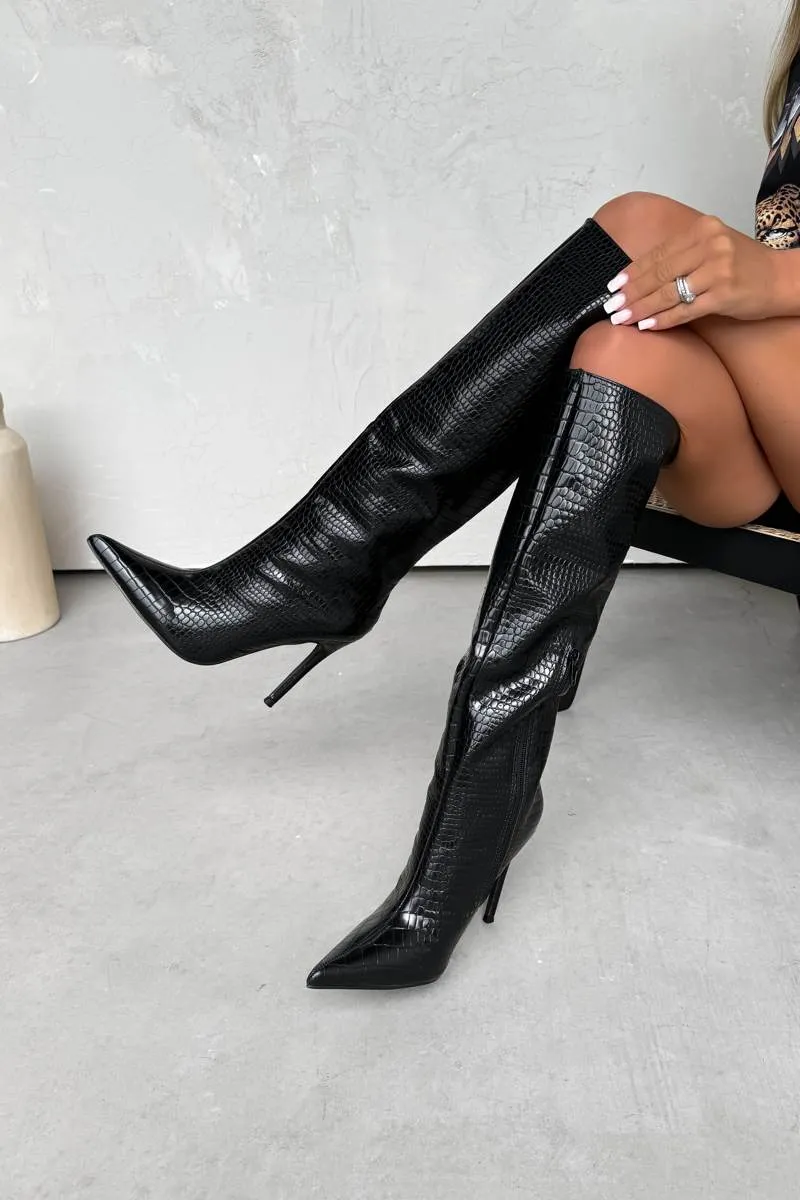 KIARA Stiletto Knee High Boots - Black Croc