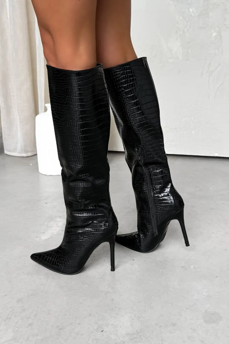 KIARA Stiletto Knee High Boots - Black Croc