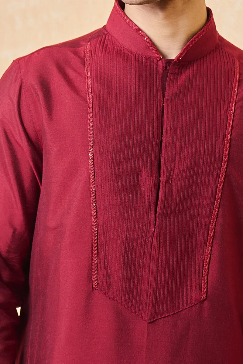 Maroon Kurta Set With Textured Front Yoke