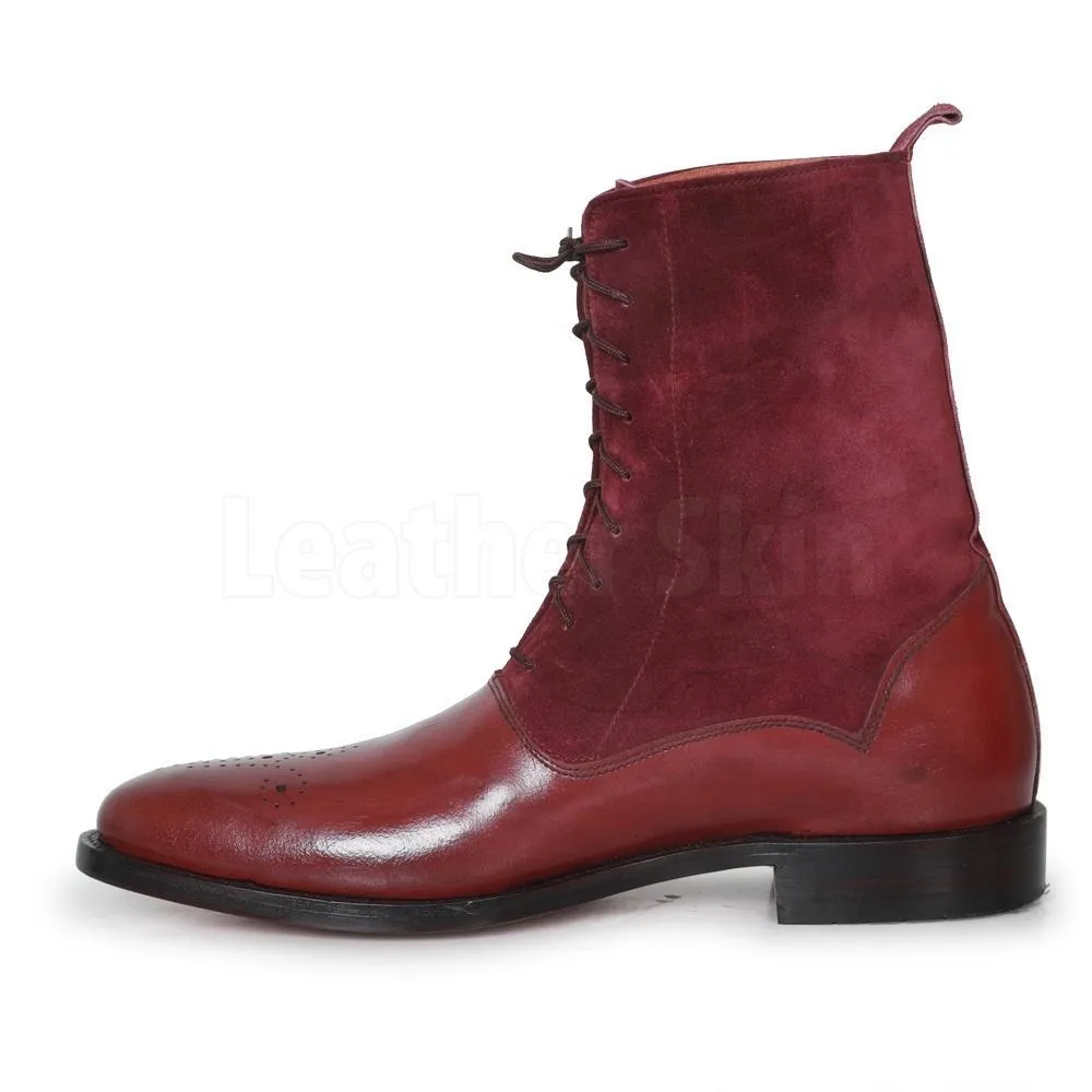 Men Red Burgundy Brogue Genuine & Suede Lace Up Leather Boots