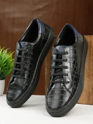 Men's Stylish Black Lace-Up Texture Sneakers Leather Shoes