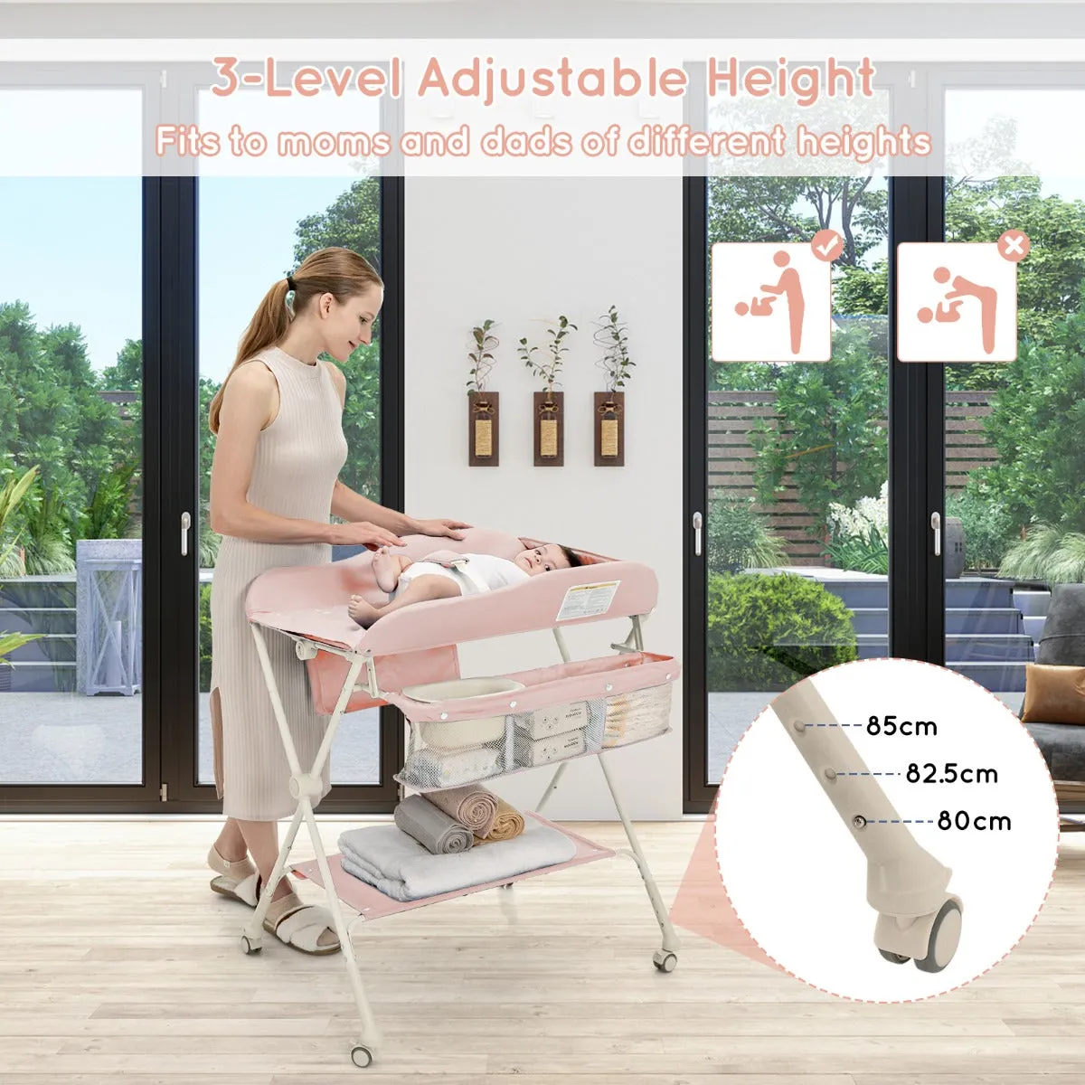 NNECW Foldable Diaper Changing Station Height Adjustable Changing Table with Lockable Wheels-Pink