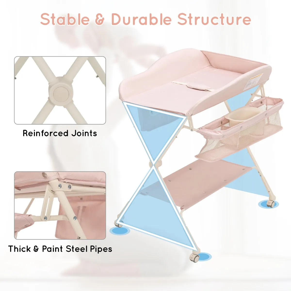 NNECW Foldable Diaper Changing Station Height Adjustable Changing Table with Lockable Wheels-Pink