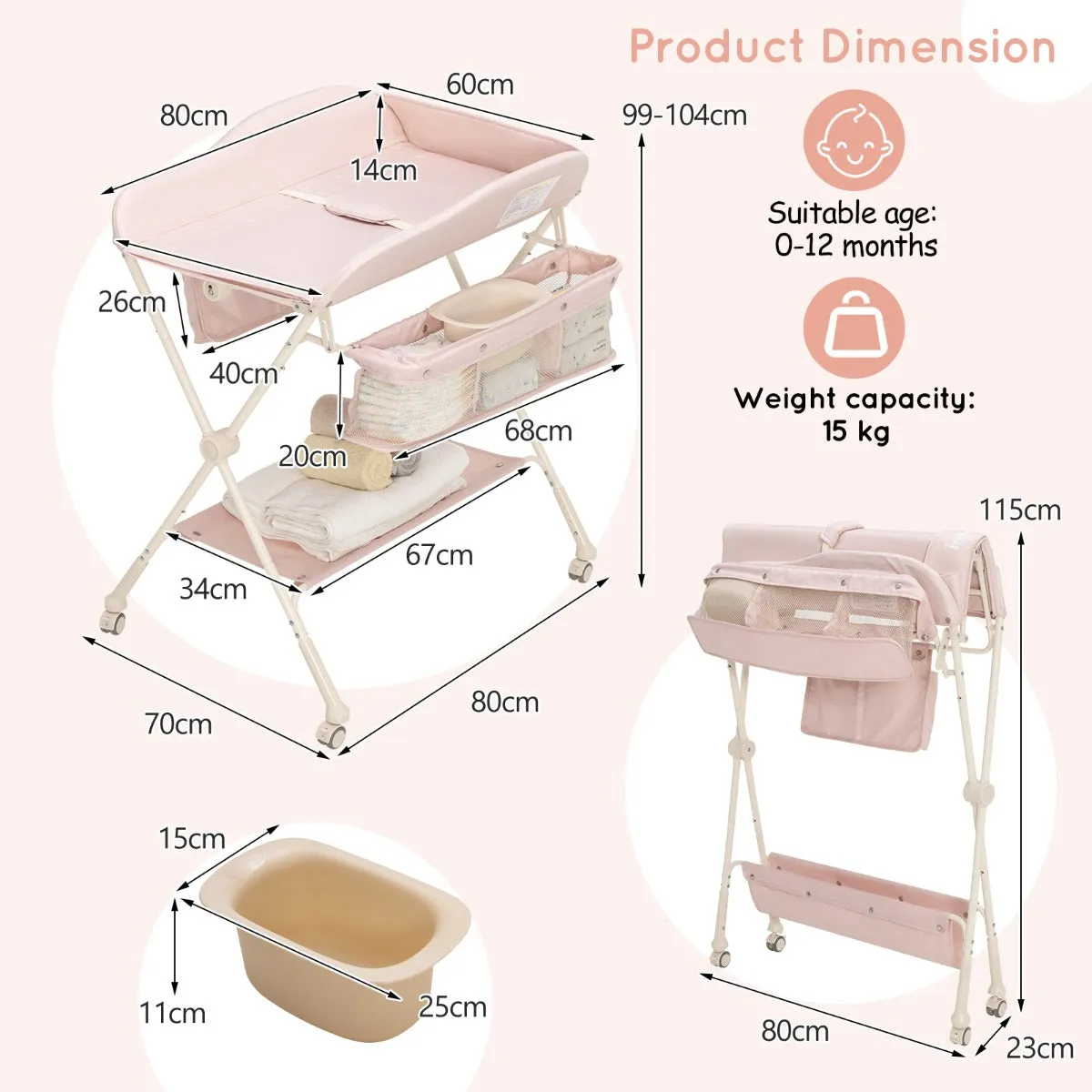 NNECW Foldable Diaper Changing Station Height Adjustable Changing Table with Lockable Wheels-Pink