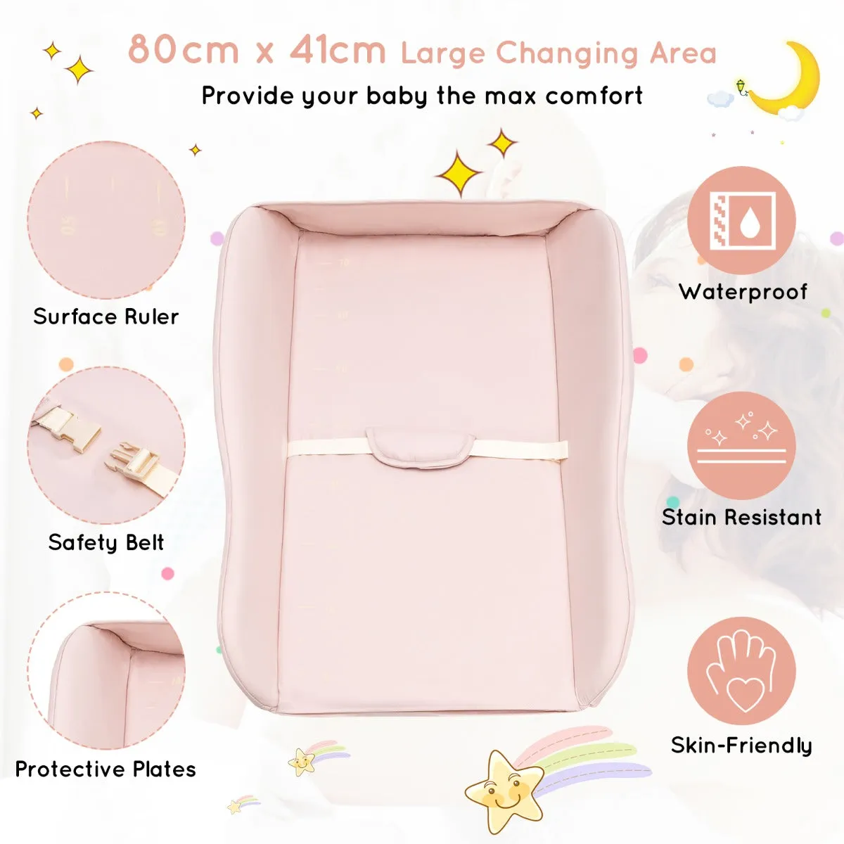 NNECW Foldable Diaper Changing Station Height Adjustable Changing Table with Lockable Wheels-Pink