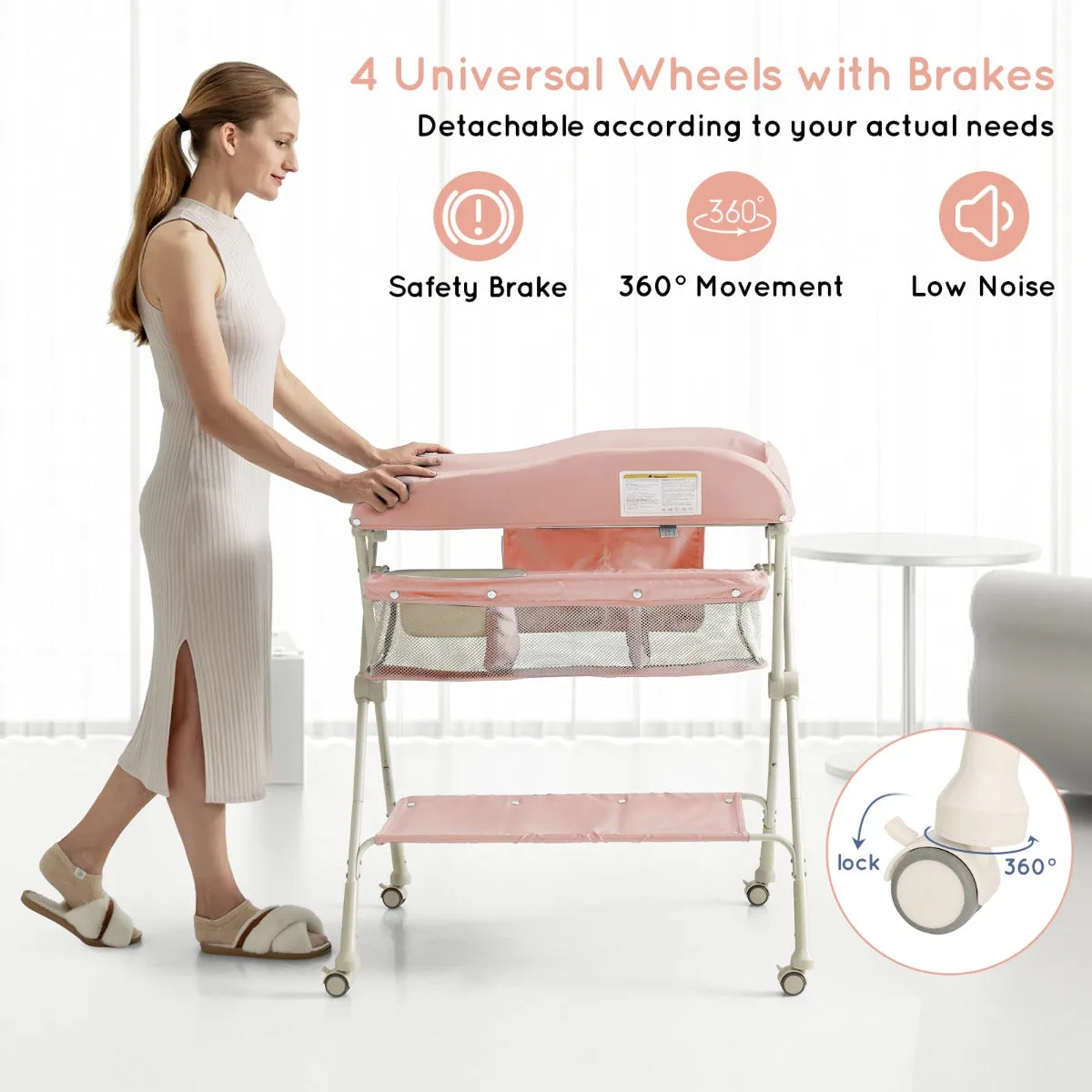 NNECW Foldable Diaper Changing Station Height Adjustable Changing Table with Lockable Wheels-Pink