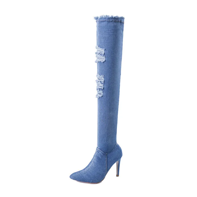 Pointed Side Zipper Denim High Tube Elastic Boots