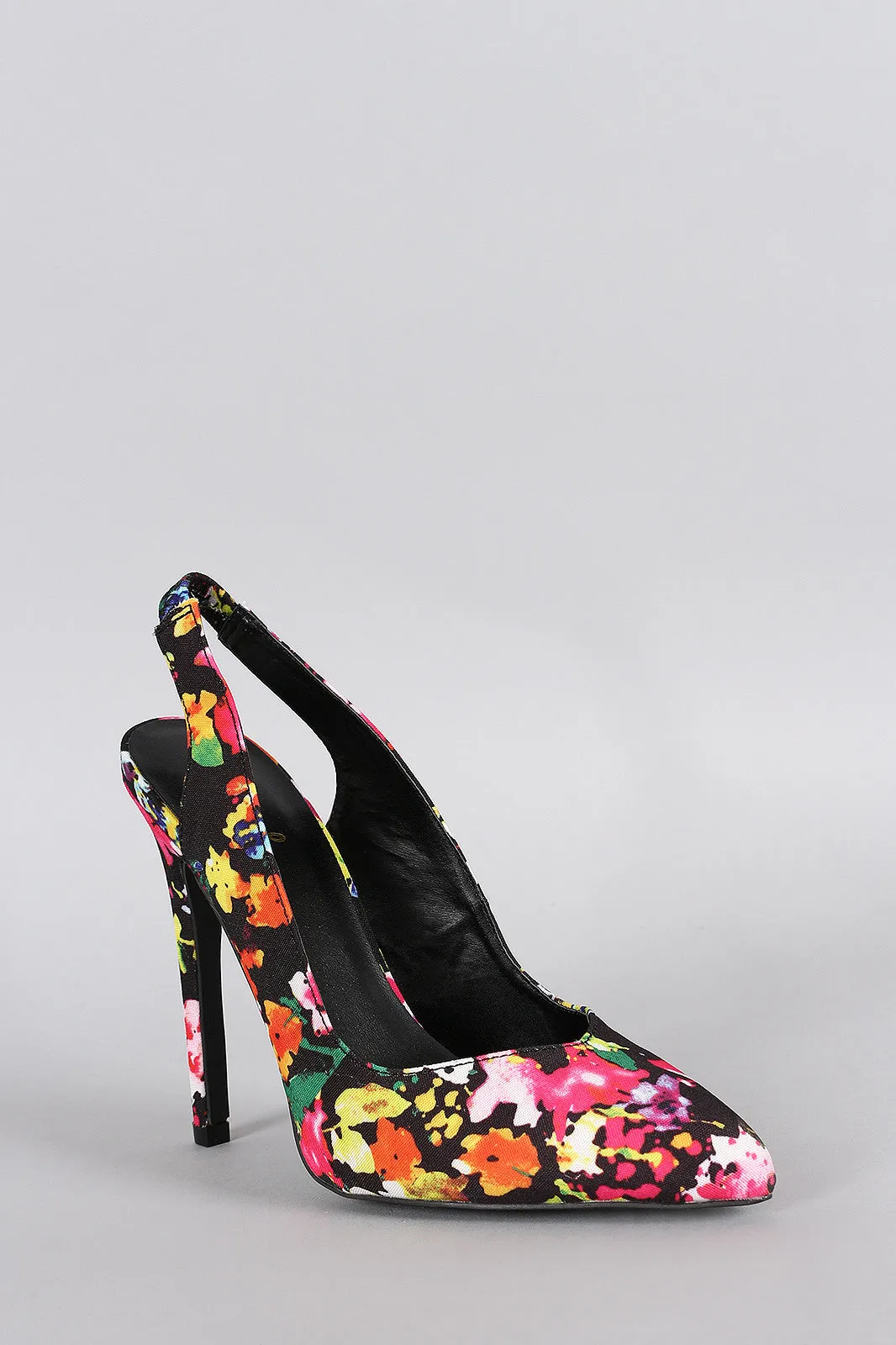 Qupid Floral Pointy Toe Slingback Pump