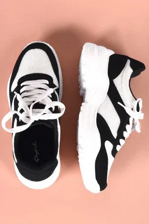Qupid Nubuck Colorblock Knit Lace-Up Lug Sole Sneaker