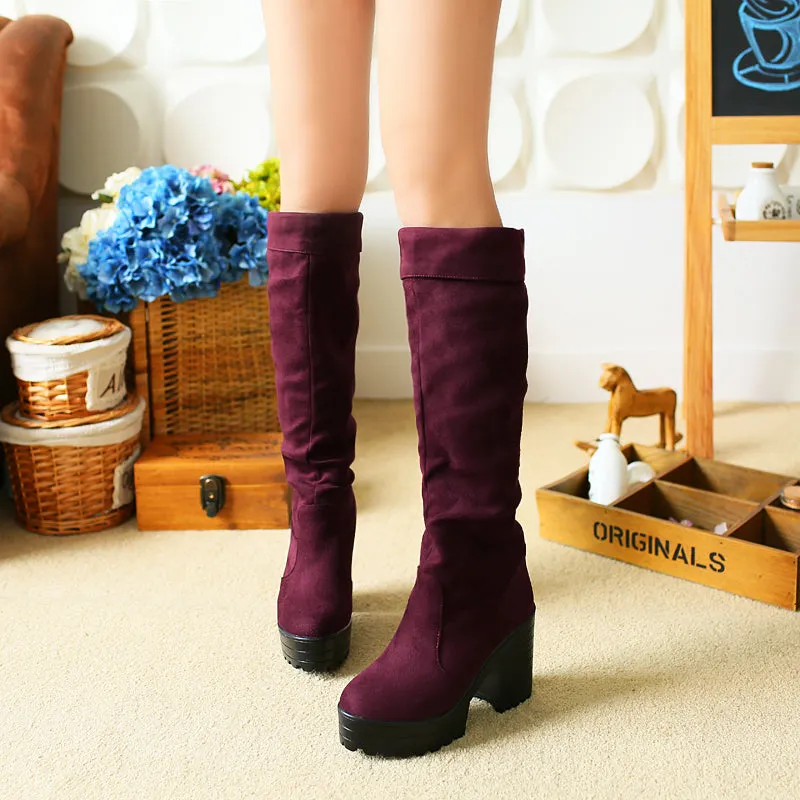 Round Toe Knee Square High Heel Boots
