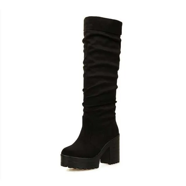 Round Toe Knee Square High Heel Boots