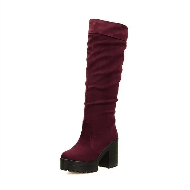 Round Toe Knee Square High Heel Boots