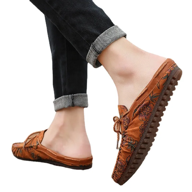 Sao Qichao brand embroidered heel less semi trailing Doudou shoes men's breathable casual leather shoes Baotou lazy shoes rose red