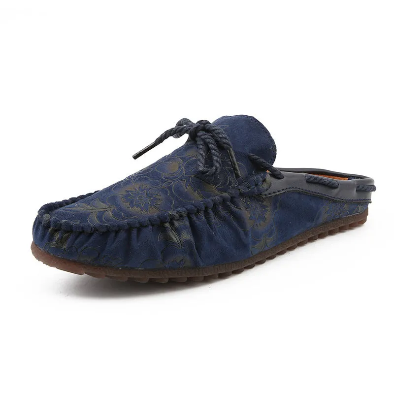 Sao Qichao brand embroidered heel less semi trailing Doudou shoes men's breathable casual leather shoes Baotou lazy shoes rose red