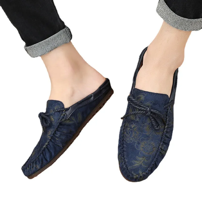 Sao Qichao brand embroidered heel less semi trailing Doudou shoes men's breathable casual leather shoes Baotou lazy shoes rose red