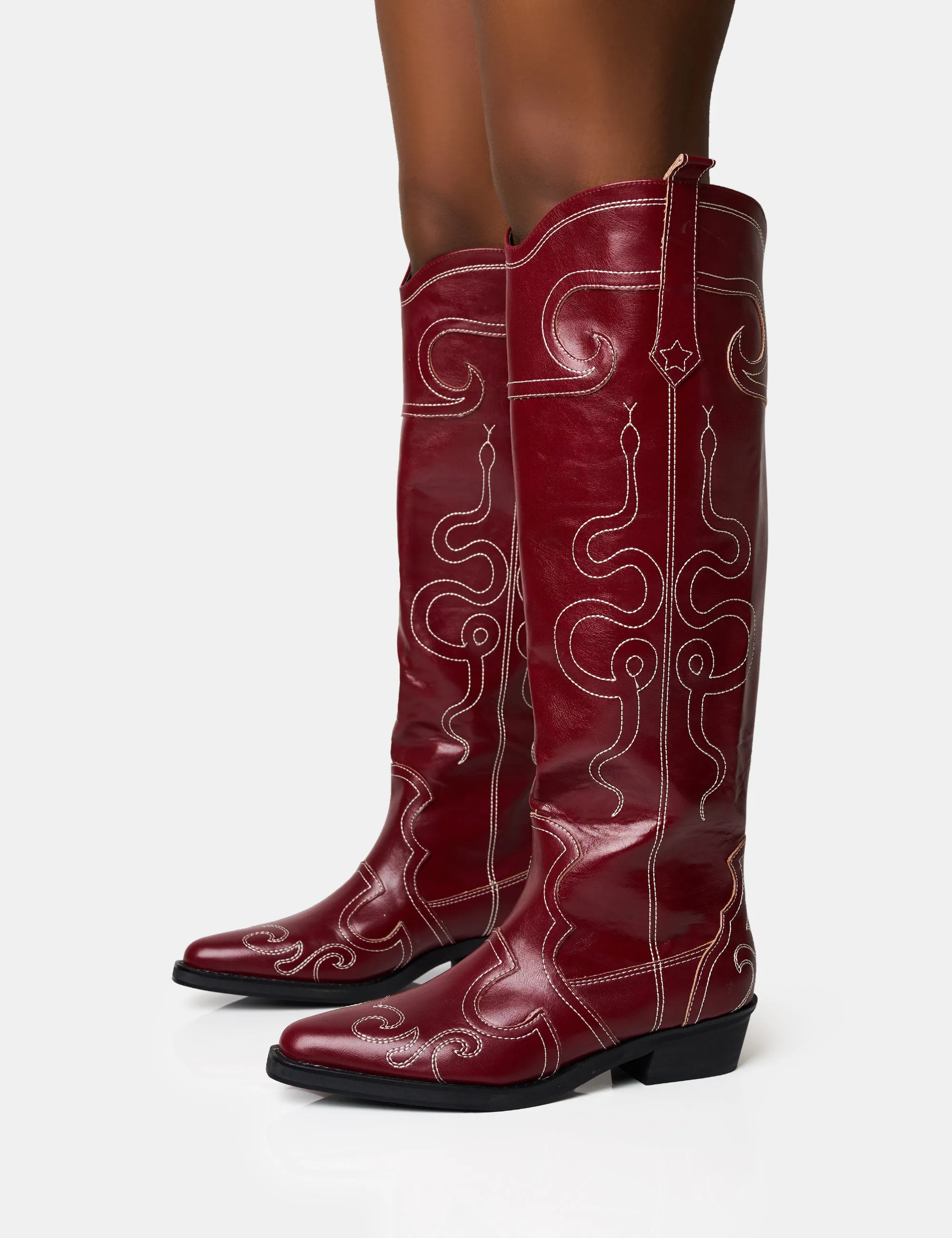 Serpentine Burgundy Snake Embroidered Flat Knee High Western Boots