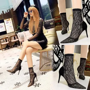 Sexy Black Lace Point Toe Stretch High Heel Ankle Boots