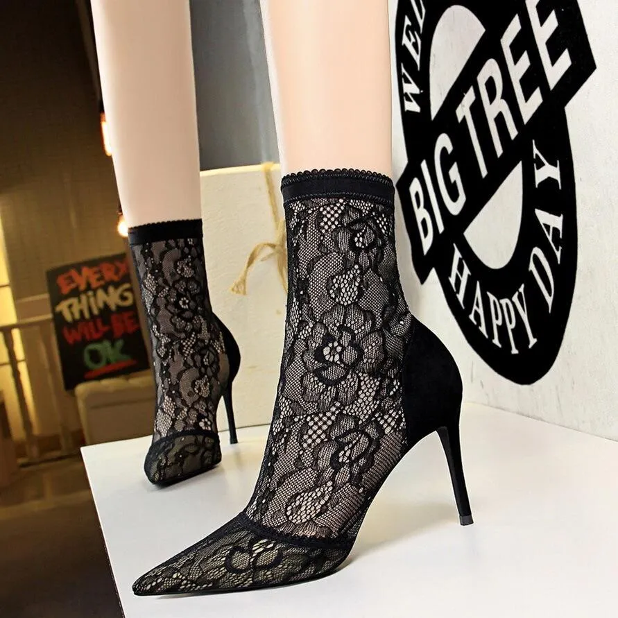 Sexy Black Lace Point Toe Stretch High Heel Ankle Boots