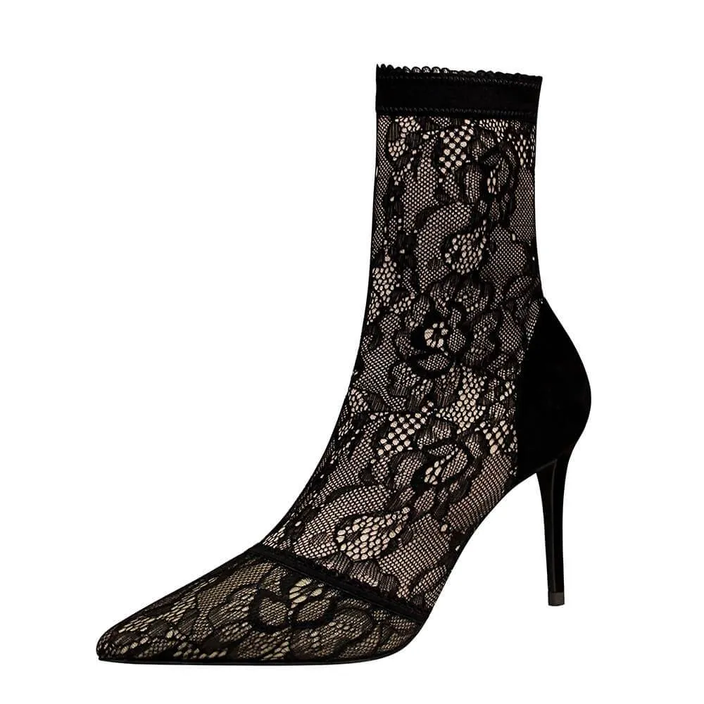 Sexy Black Lace Point Toe Stretch High Heel Ankle Boots