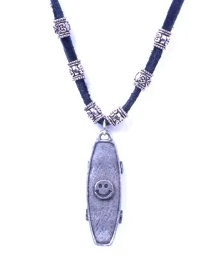 Silver Metal Skate Board with Smiley Face on Black Leather Necklace, on 24" leather cord, Each