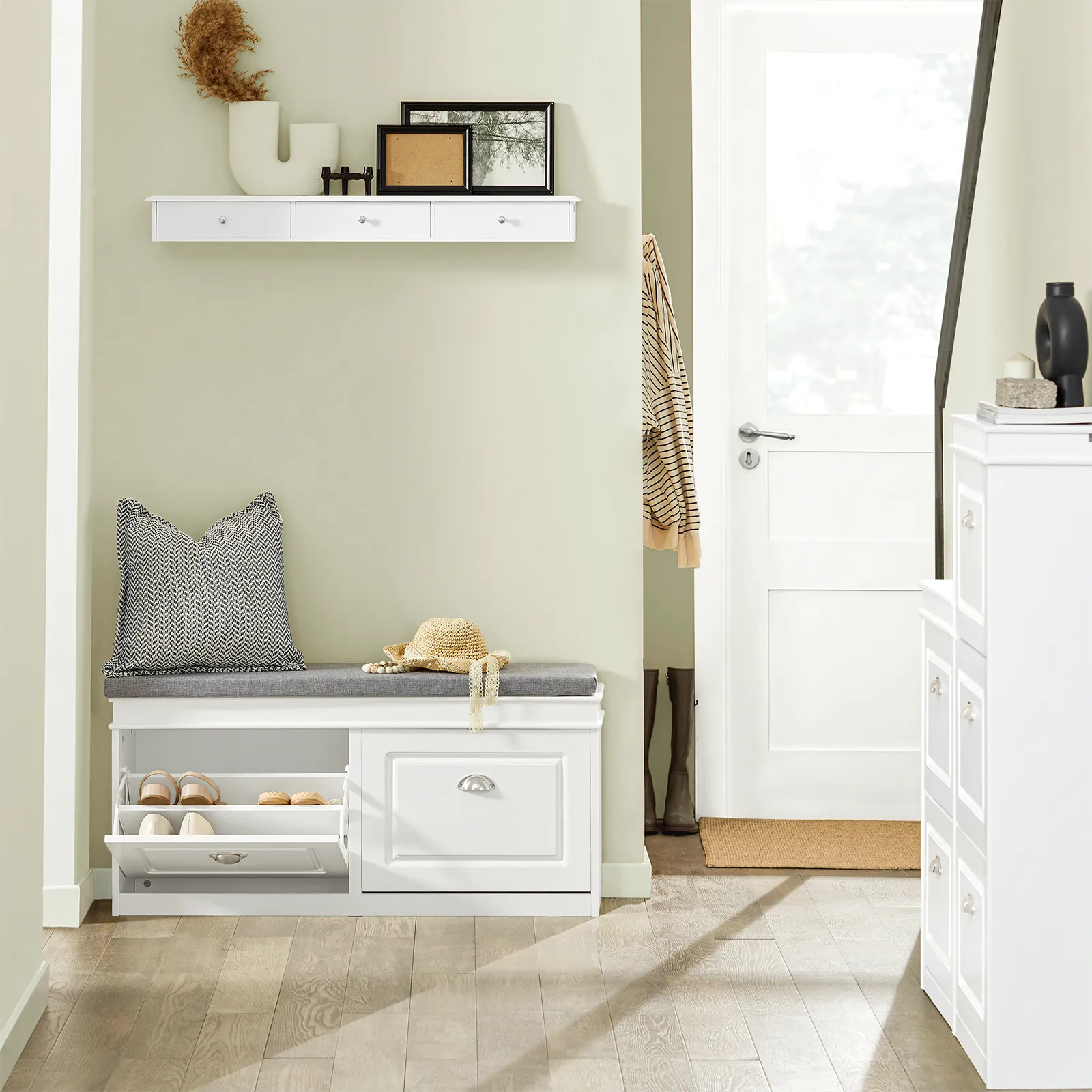 SoBuy FSR64-W,Hallway Shoe Bench,Shoe Cabinet with Flip-Drawer and Seat Cushion