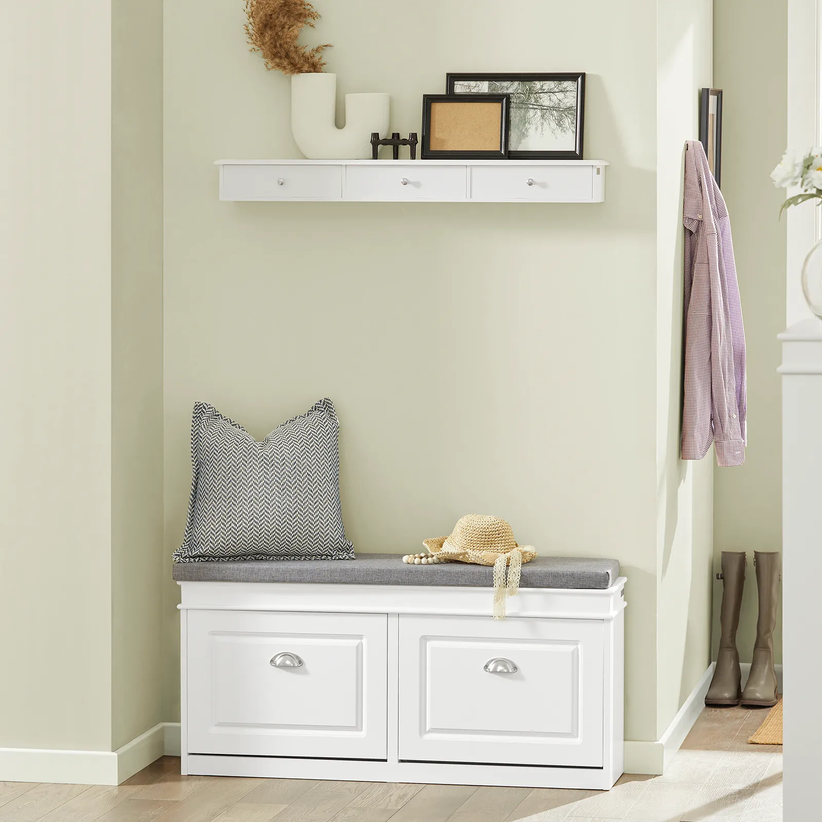 SoBuy FSR64-W,Hallway Shoe Bench,Shoe Cabinet with Flip-Drawer and Seat Cushion