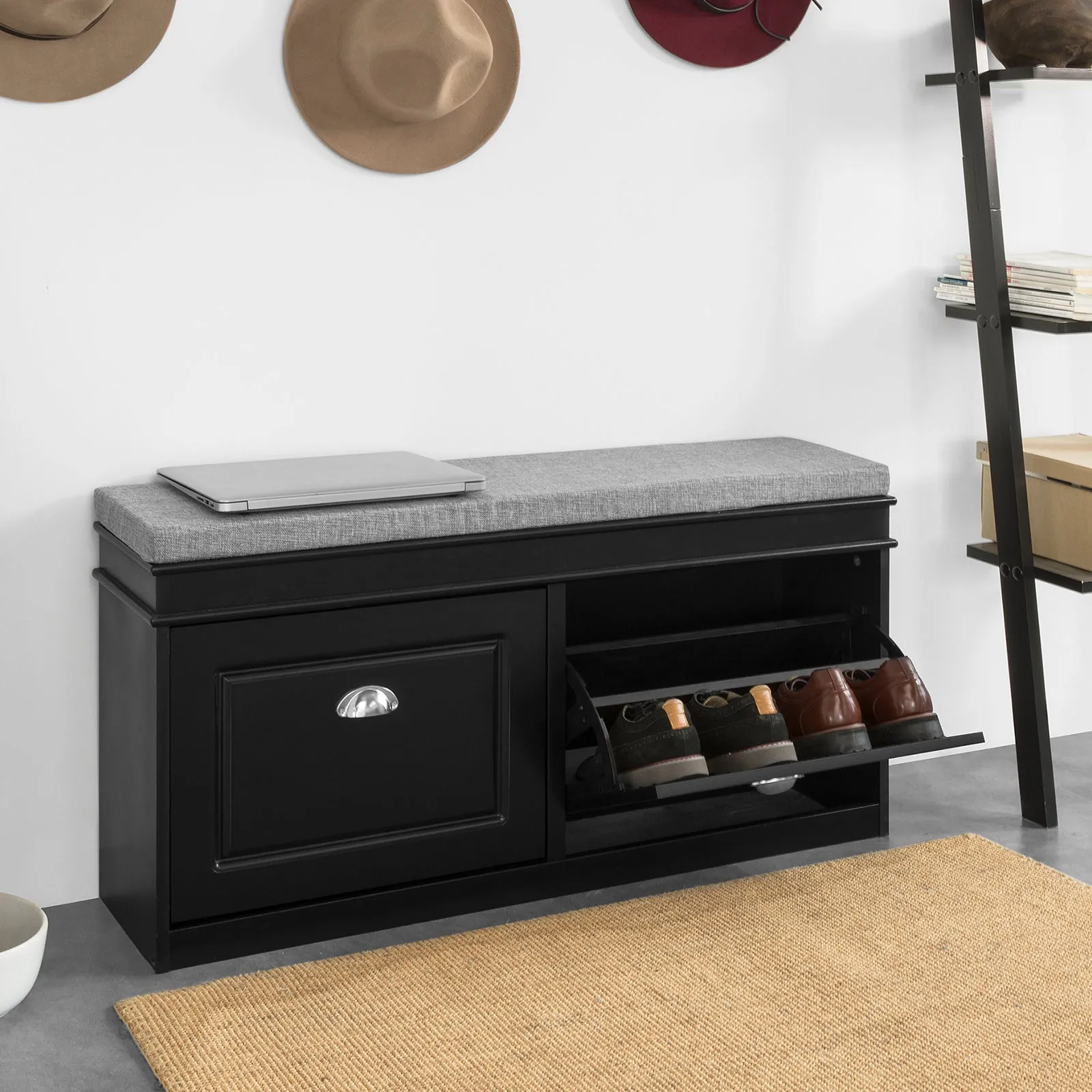 SoBuy Hallway Shoe Bench Shoe Rack Shoe Cabinet with Flip-drawer and Seat Cushion FSR64-SCH