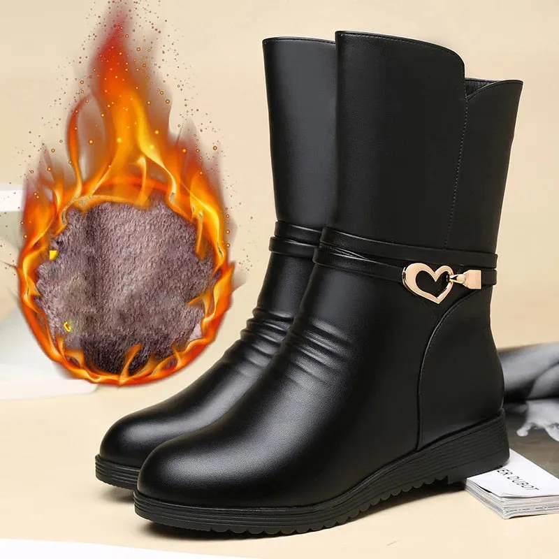 Solid Black Women Designer Snow Boots – Metal Classic Furry Winter Warm Ankle Boots for Women