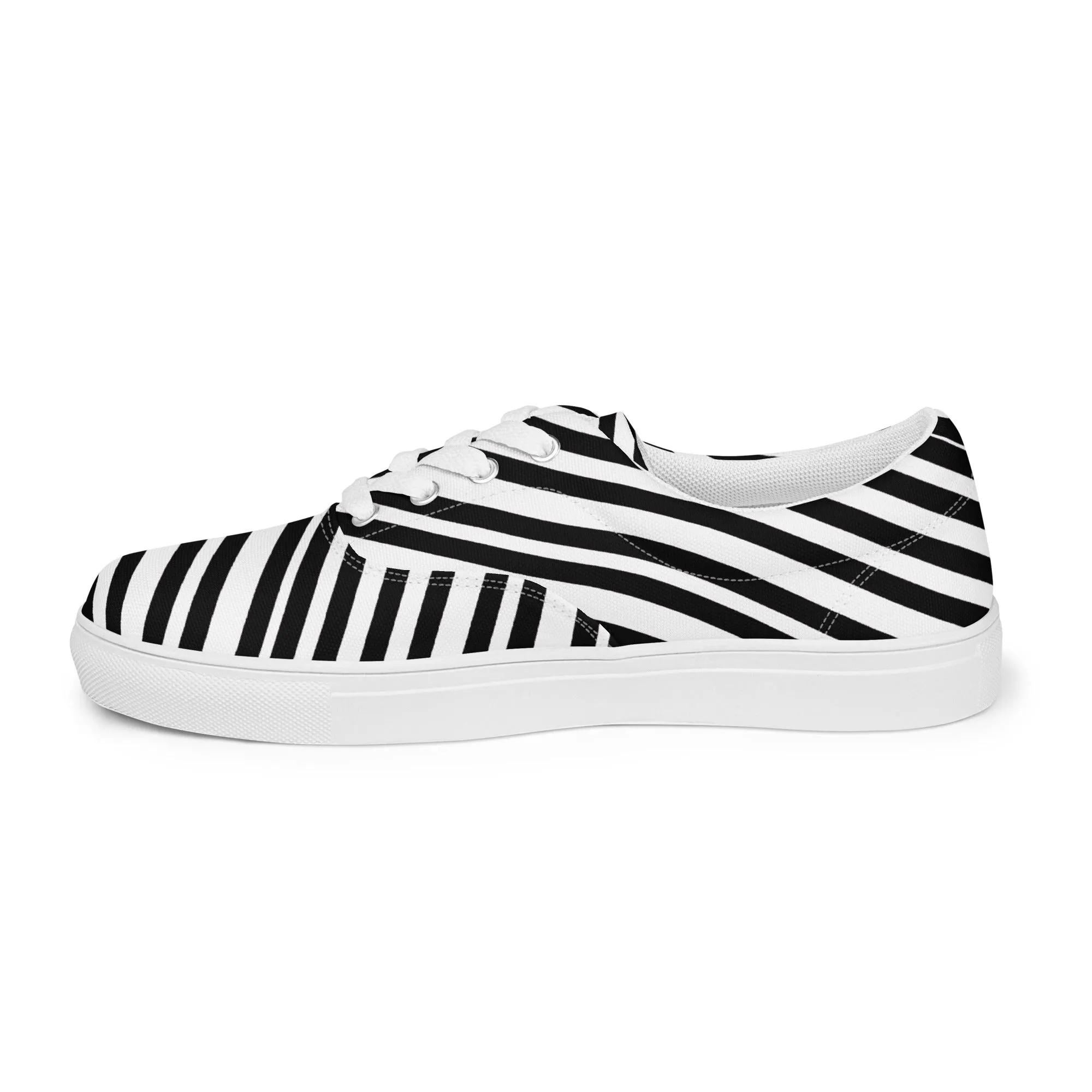 Striped Men's Low Top Sneakers, Black White Diagonal Stripes Best Designer Men’s Lace-up Canvas Shoes (US Size: 5-13)