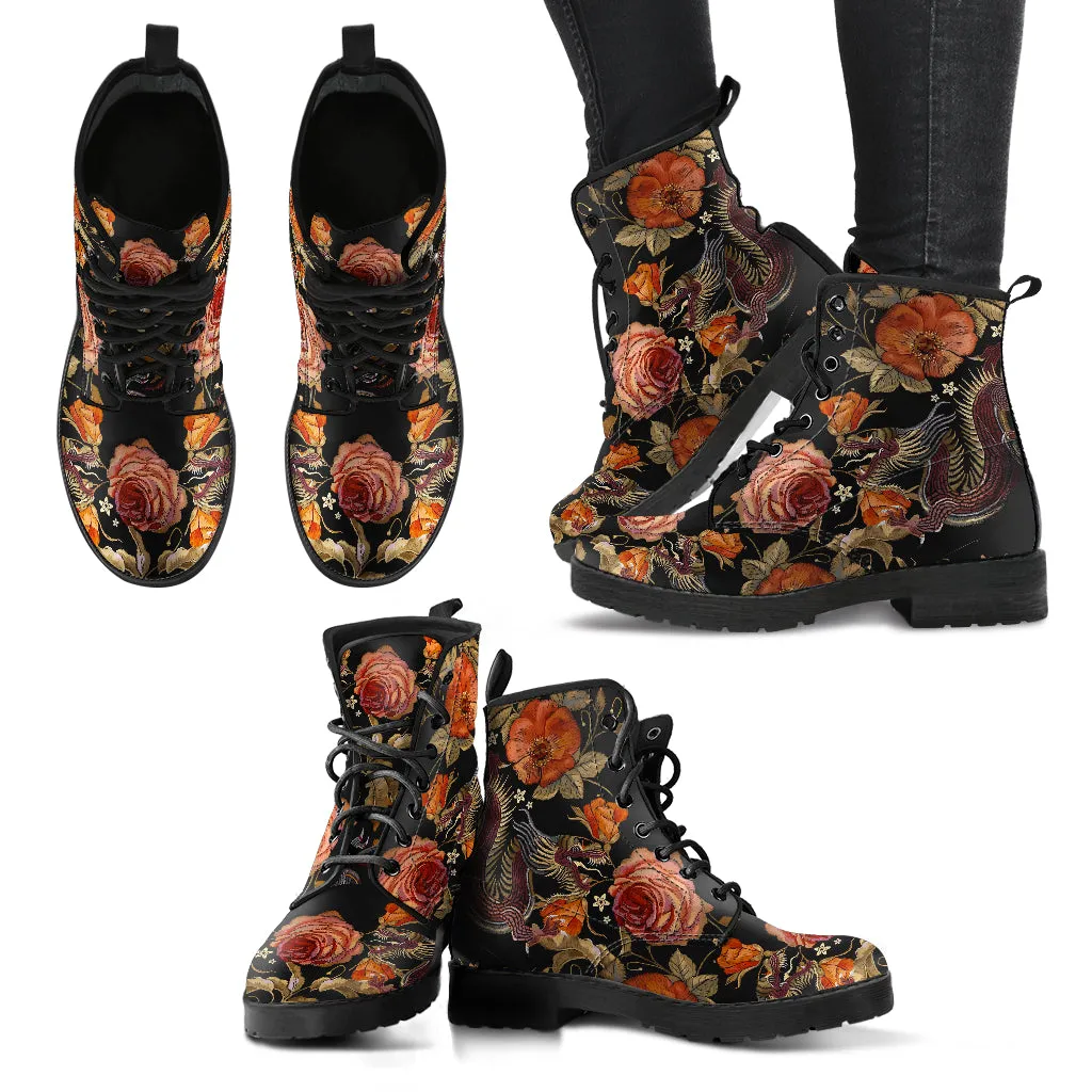 Two Chinese Dragons with Rose Flowers Women's Vegan Leather Boots