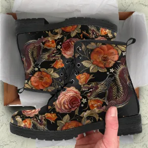 Two Chinese Dragons with Rose Flowers Women's Vegan Leather Boots
